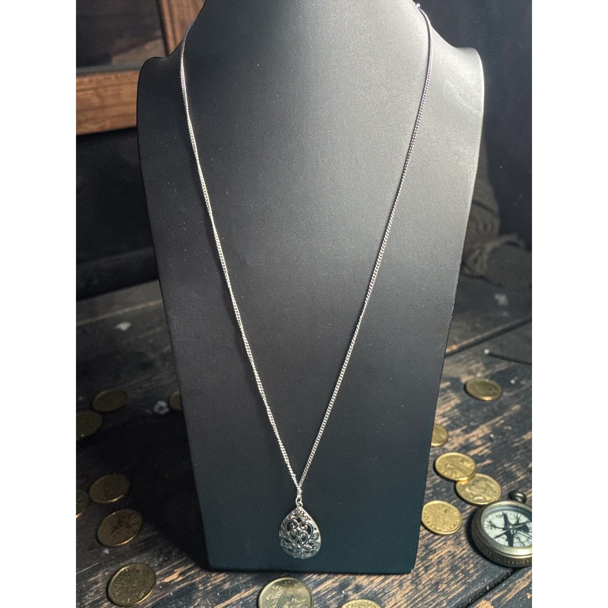Silver Filigree Teardrop Pendant Necklace, Ornate Cutout Design, Vintage Style Jewelry