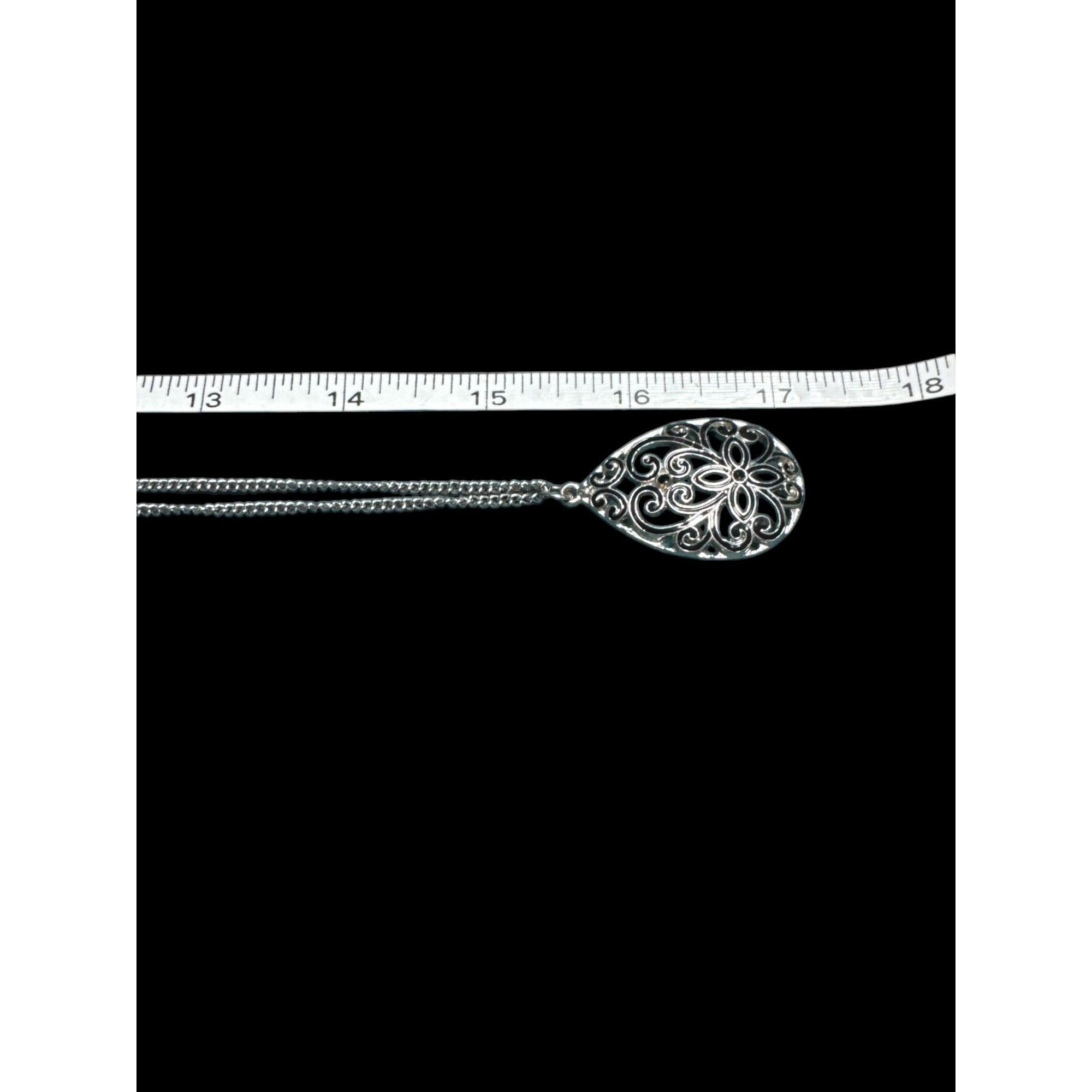Silver Filigree Teardrop Pendant Necklace, Ornate Cutout Design, Vintage Style Jewelry