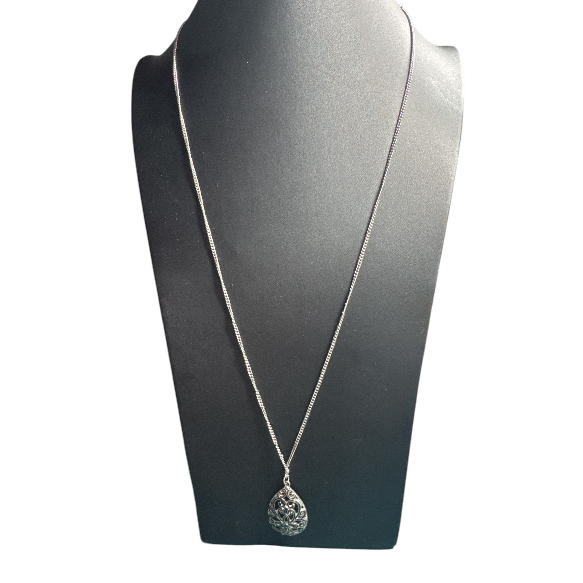 Silver Filigree Teardrop Pendant Necklace, Ornate Cutout Design, Vintage Style Jewelry