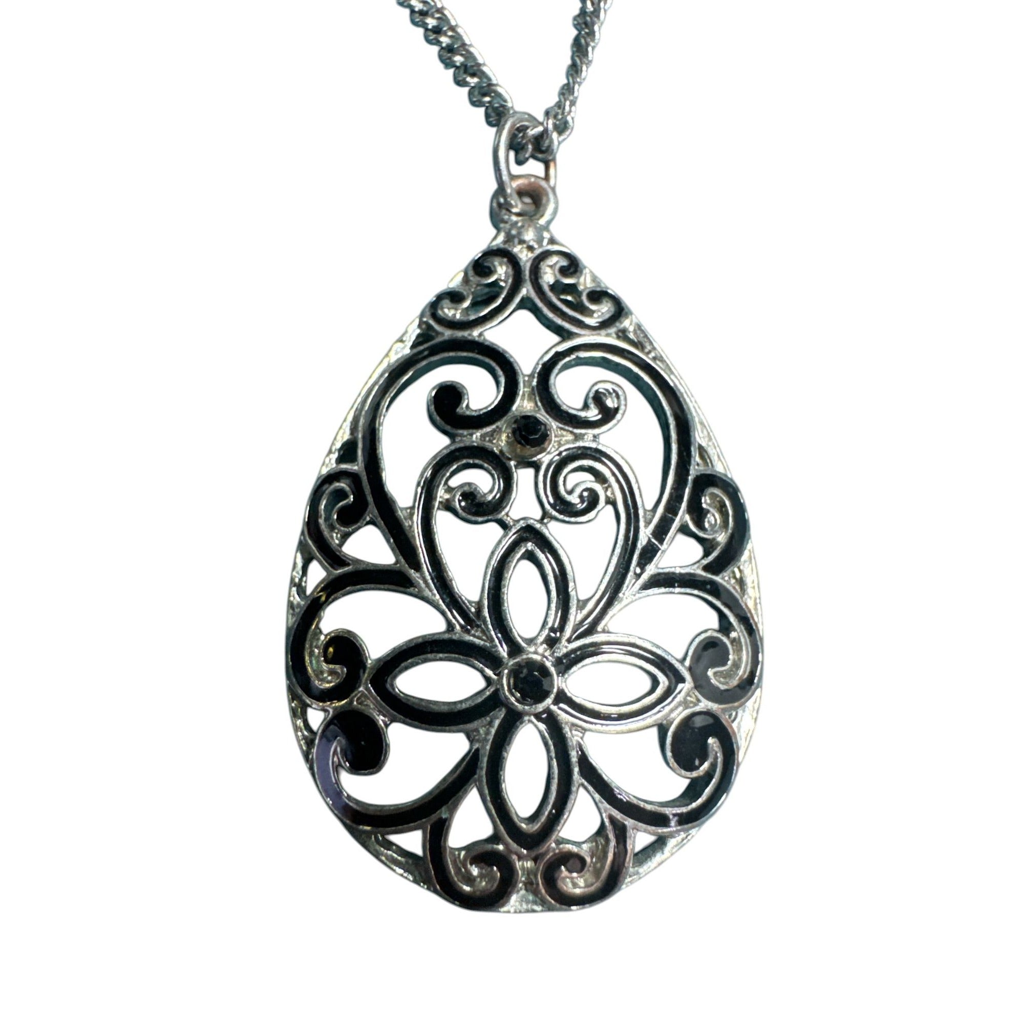 Silver Filigree Teardrop Pendant Necklace, Ornate Cutout Design, Vintage Style Jewelry
