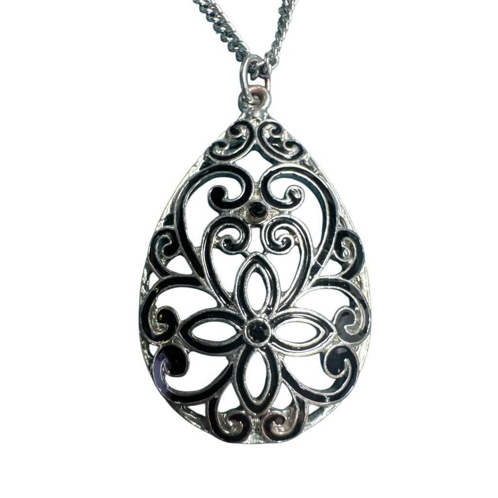 Silver Filigree Teardrop Pendant Necklace, Ornate Cutout Design, Vintage Style Jewelry