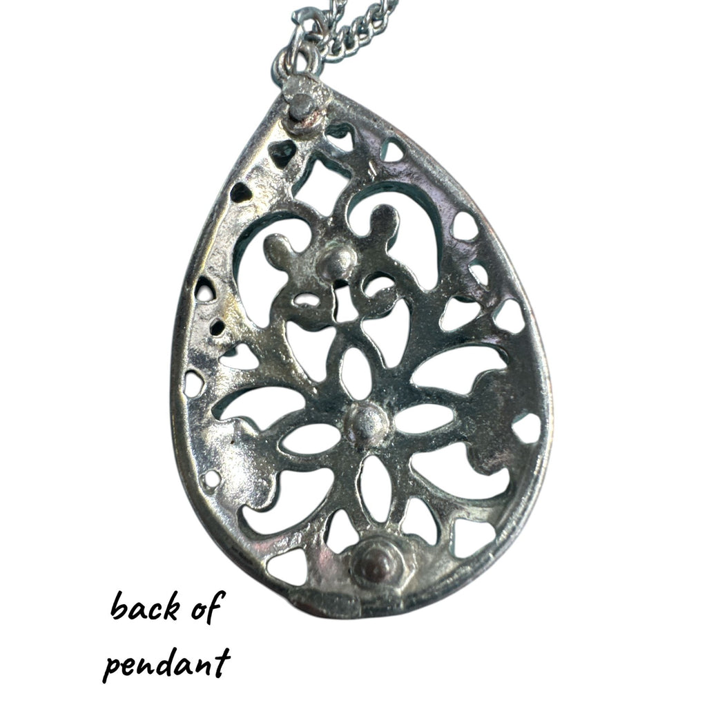 Silver Filigree Teardrop Pendant Necklace, Ornate Cutout Design, Vintage Style Jewelry