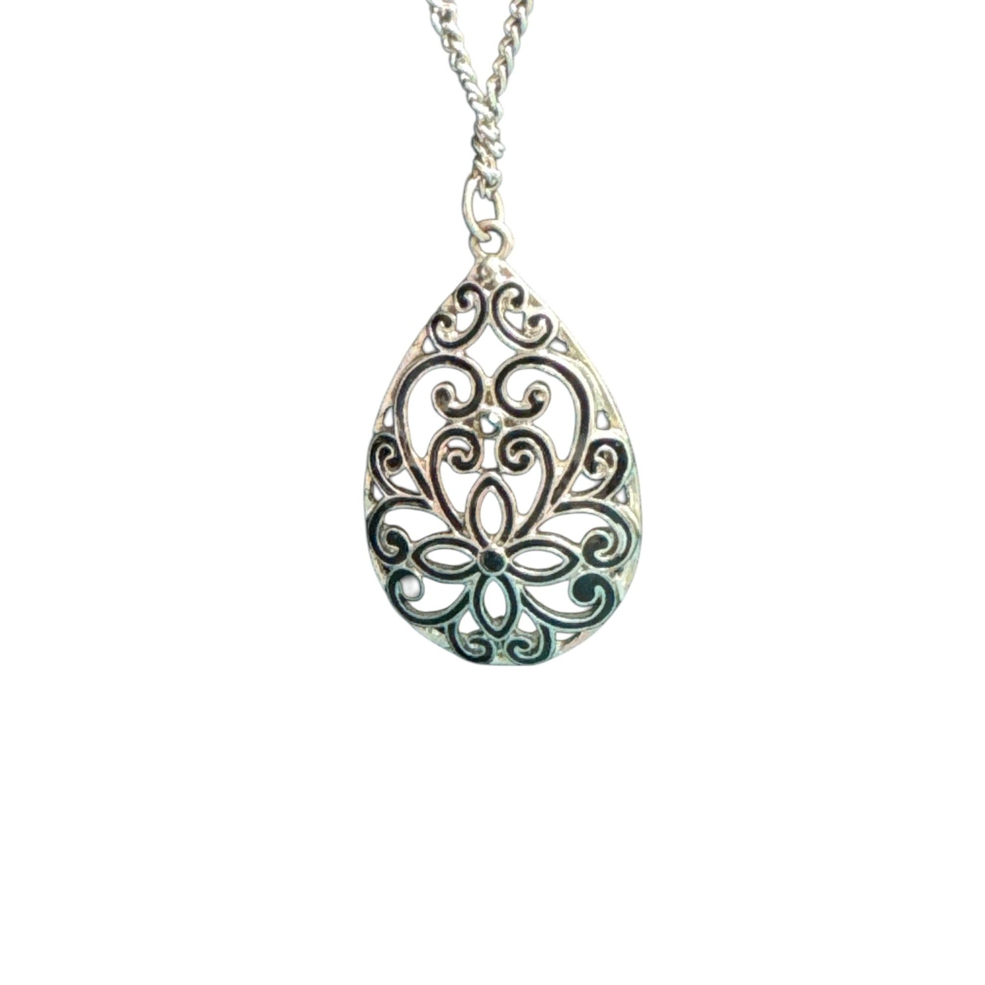 Silver Filigree Teardrop Pendant Necklace, Ornate Cutout Design, Vintage Style Jewelry
