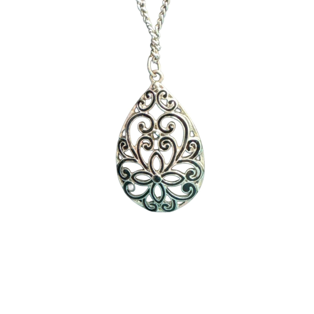 Silver Filigree Teardrop Pendant Necklace, Ornate Cutout Design, Vintage Style Jewelry