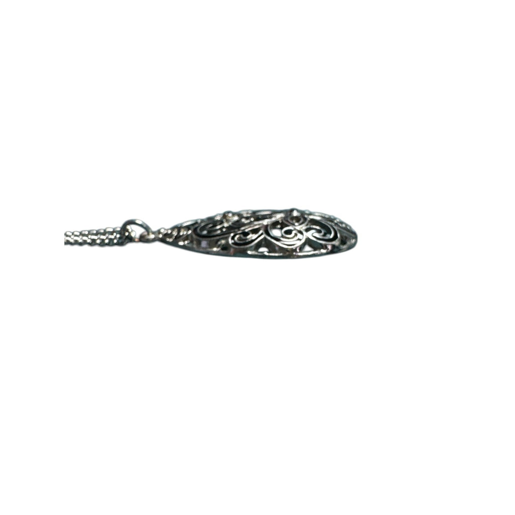 Silver Filigree Teardrop Pendant Necklace, Ornate Cutout Design, Vintage Style Jewelry