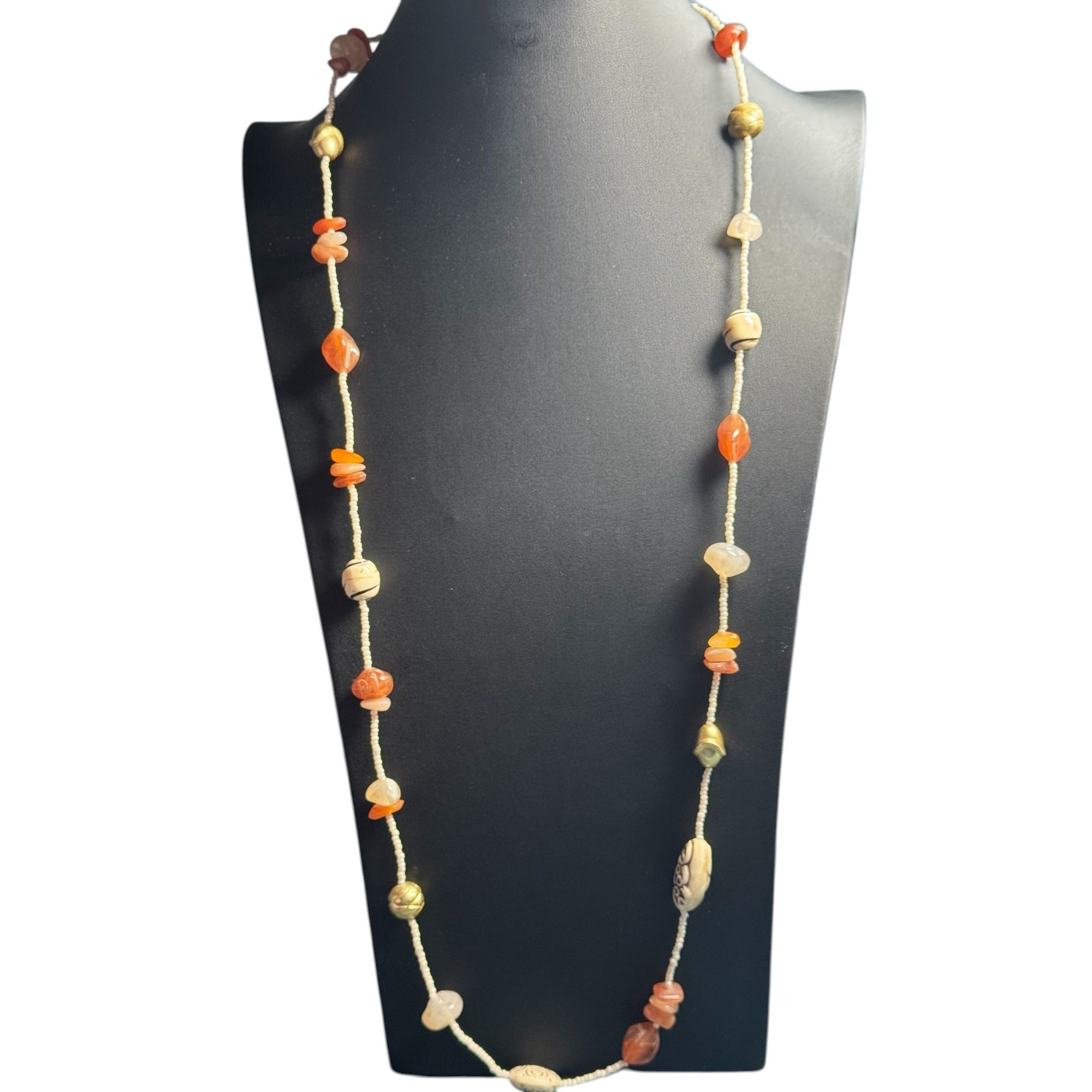 Handmade Beaded Necklace With Natural Stones & Carved Accents - Earthy Boho Jewelry For Women - Lobster Clasp Closure