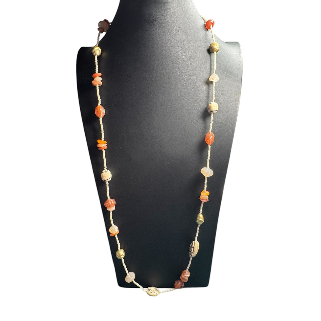 Handmade Beaded Necklace With Natural Stones & Carved Accents - Earthy Boho Jewelry For Women - Lobster Clasp Closure