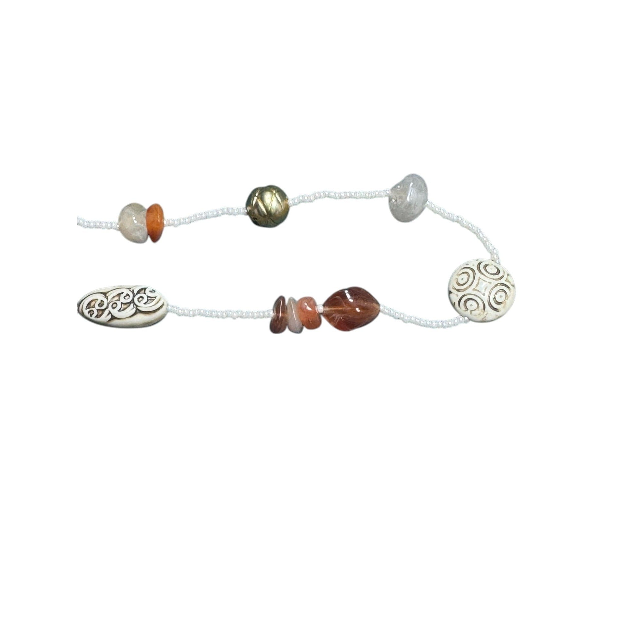 Handmade Beaded Necklace With Natural Stones & Carved Accents - Earthy Boho Jewelry For Women - Lobster Clasp Closure