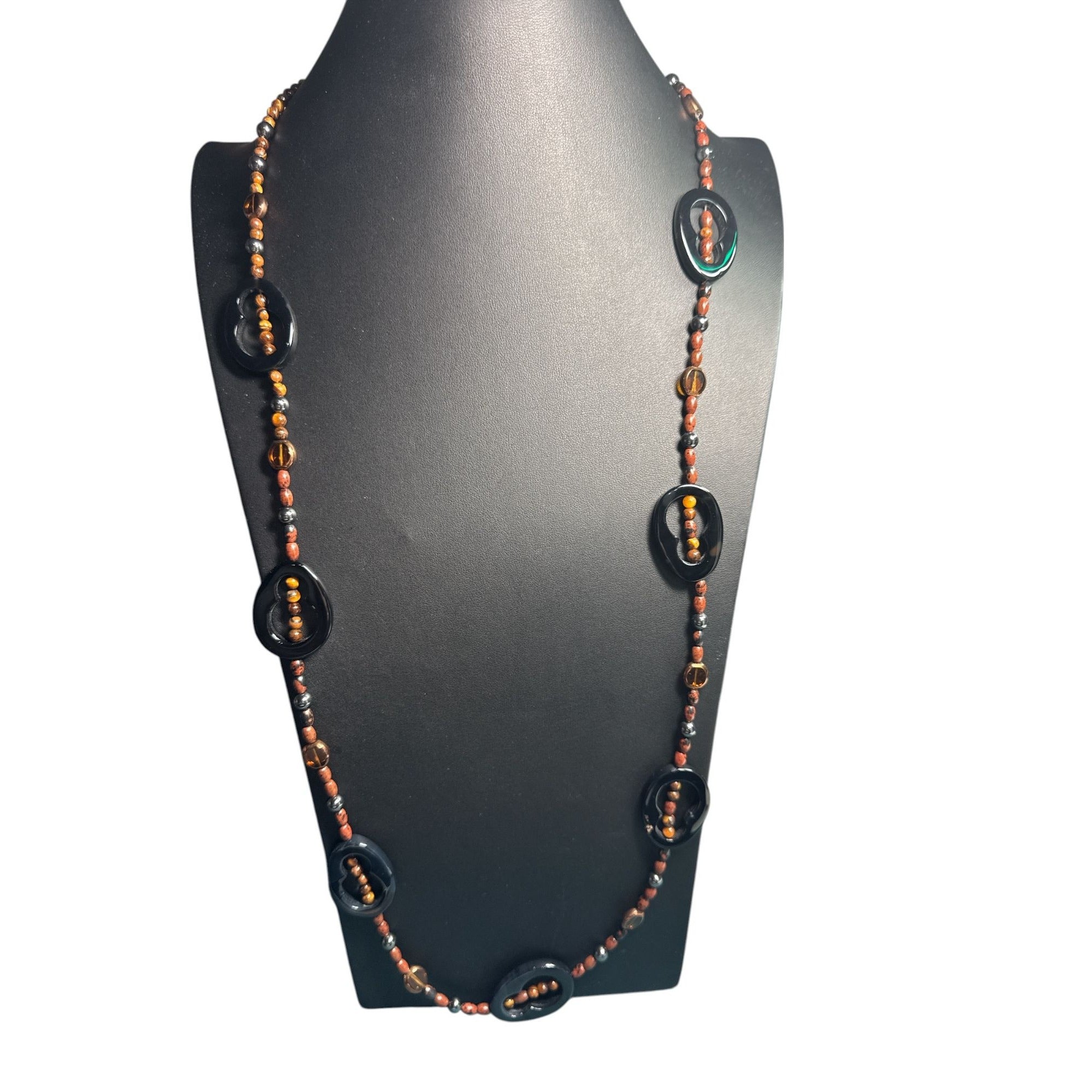 Handcrafted Long Beaded Necklace With Black Circular Accents & Amber-Style Beads
