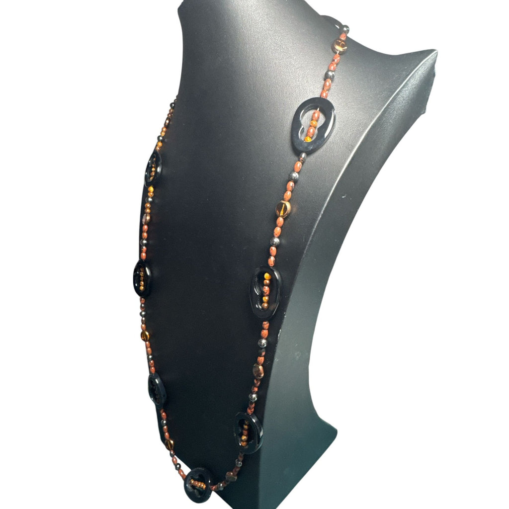 Handcrafted Long Beaded Necklace With Black Circular Accents & Amber-Style Beads