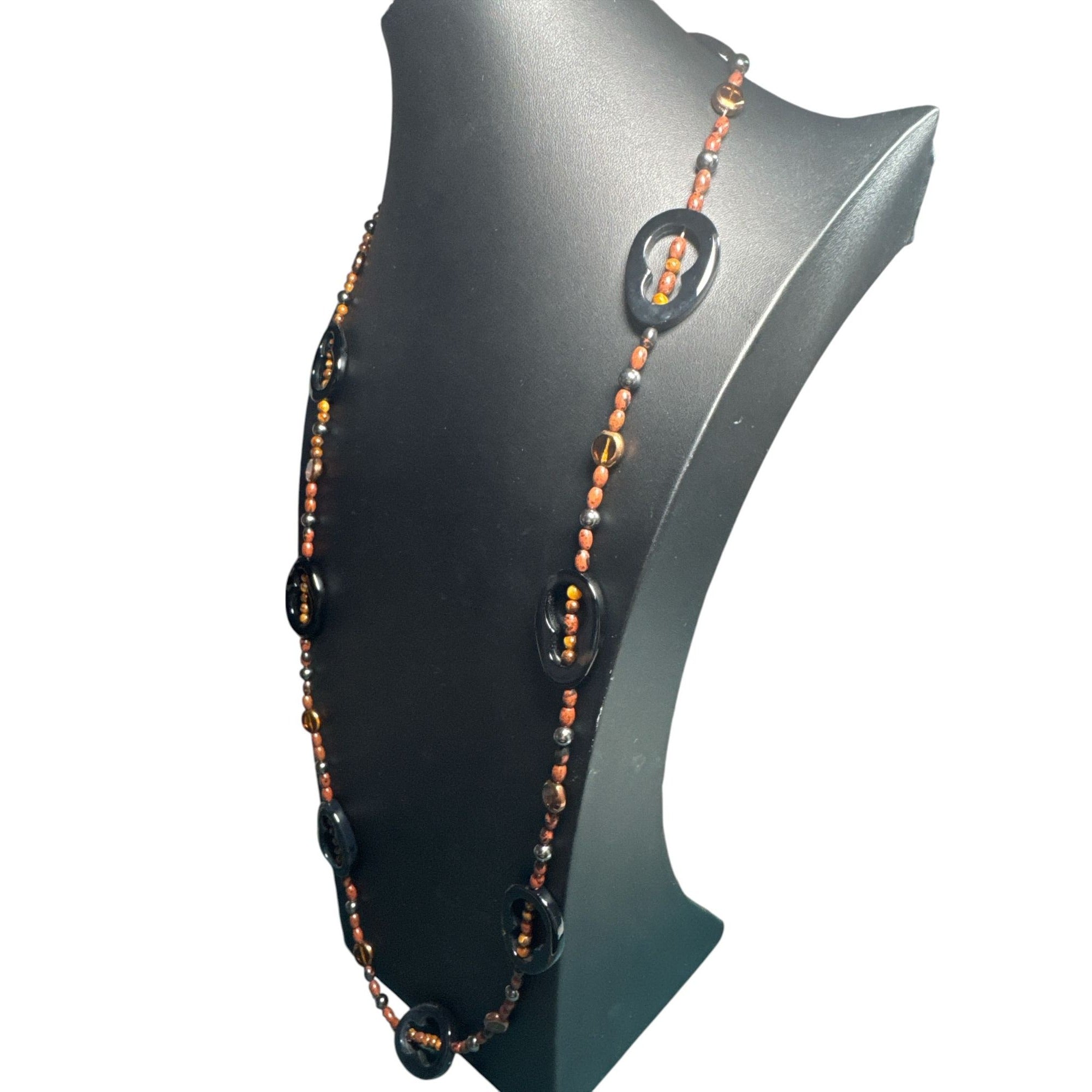 Handcrafted Long Beaded Necklace With Black Circular Accents & Amber-Style Beads