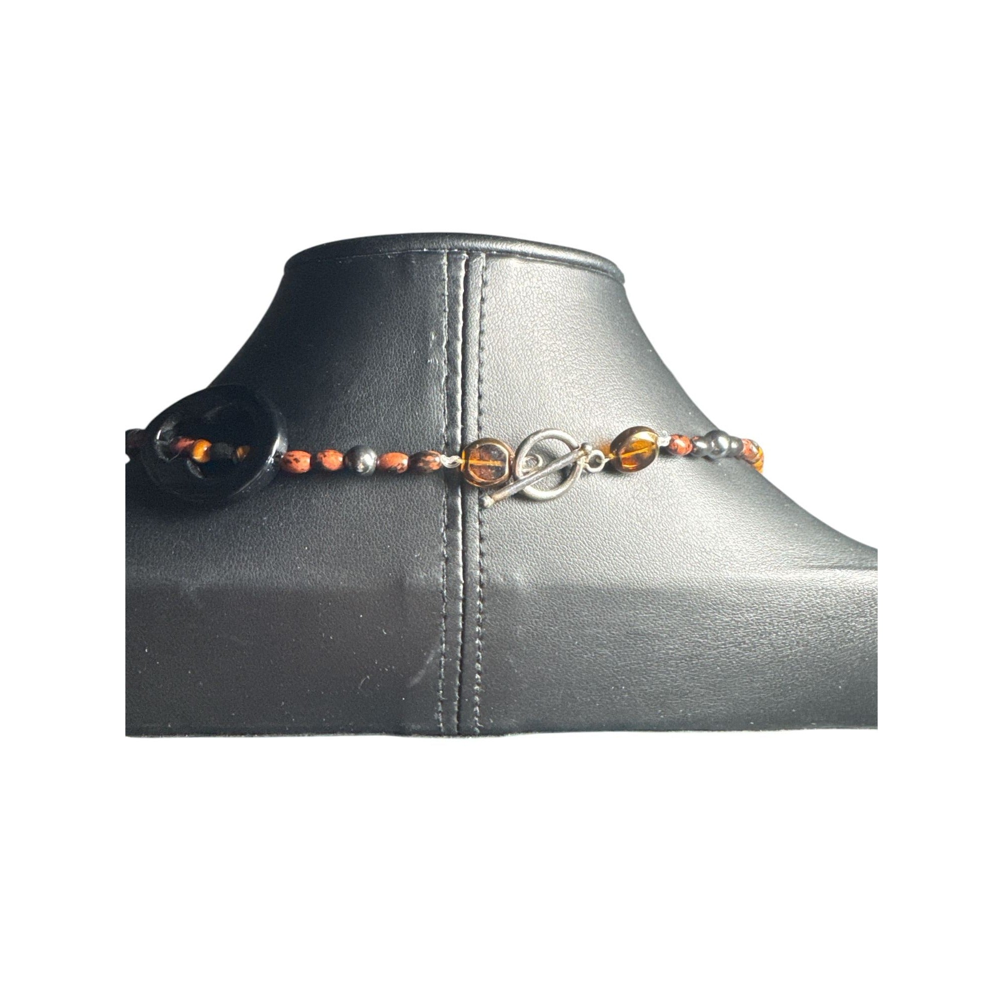 Handcrafted Long Beaded Necklace With Black Circular Accents & Amber-Style Beads