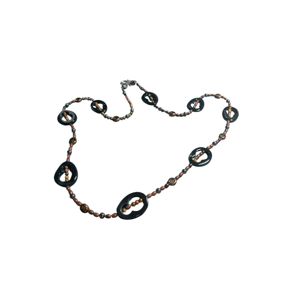 Handcrafted Long Beaded Necklace With Black Circular Accents & Amber-Style Beads