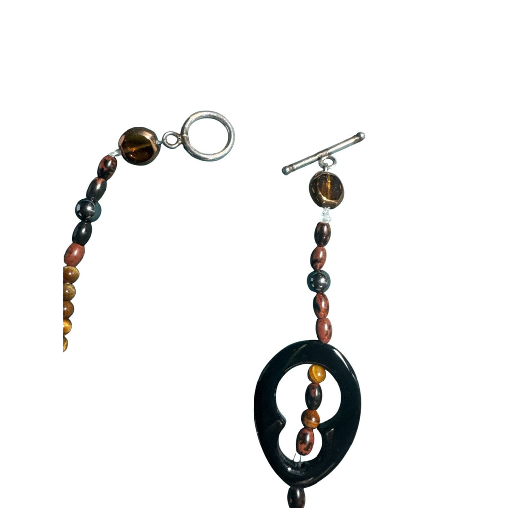 Handcrafted Long Beaded Necklace With Black Circular Accents & Amber-Style Beads