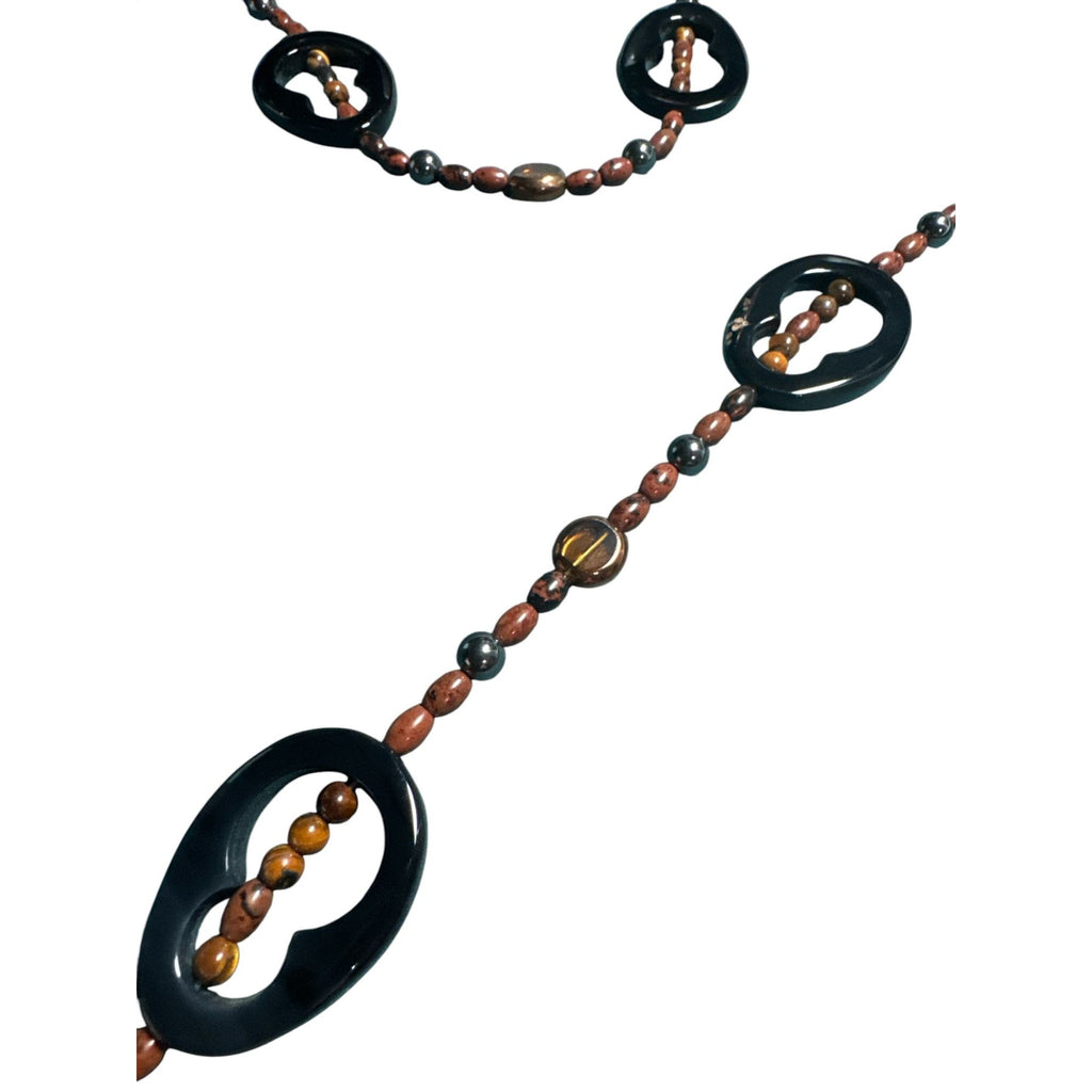 Handcrafted Long Beaded Necklace With Black Circular Accents & Amber-Style Beads