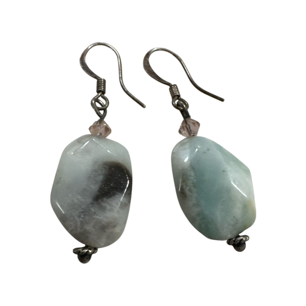 Natural Larimar Drop Earrings With Sterling Silver Hooks Light Blue & Gray Gemstones Handcrafted Jewelry For Women