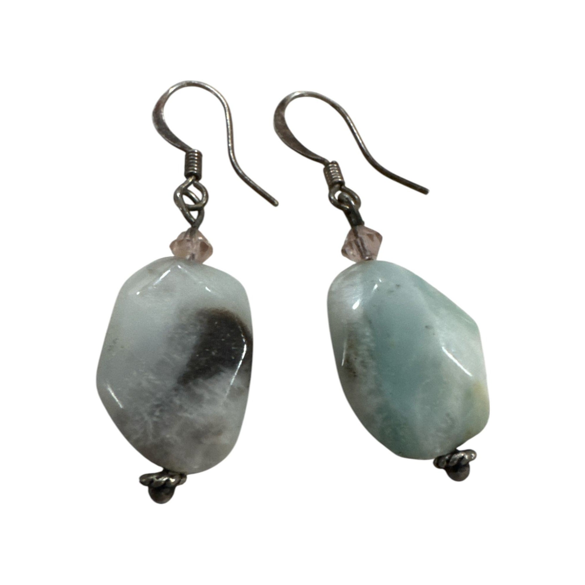 Natural Larimar Drop Earrings With Sterling Silver Hooks Light Blue & Gray Gemstones Handcrafted Jewelry For Women