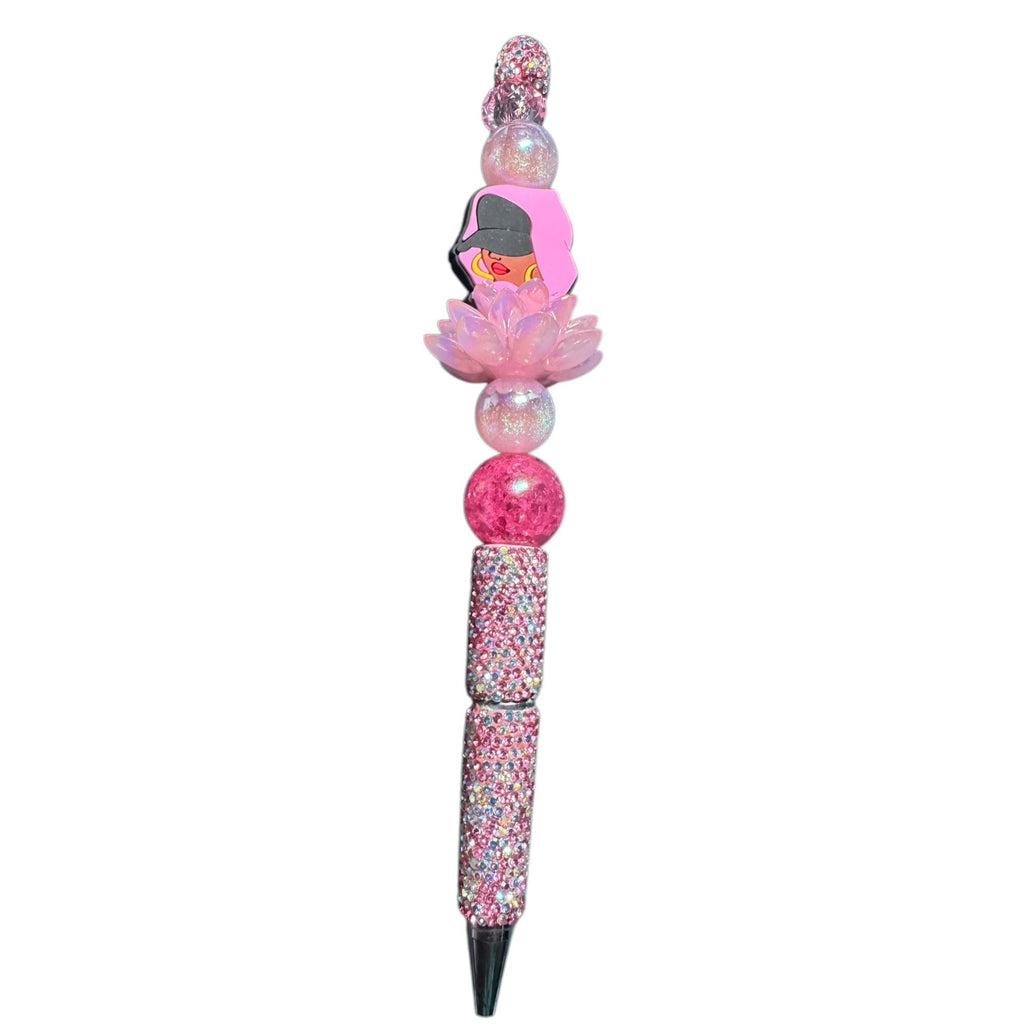 Beaded Bling Ballpoint Pen With Pink Lotus Charm & Stylish Character Design