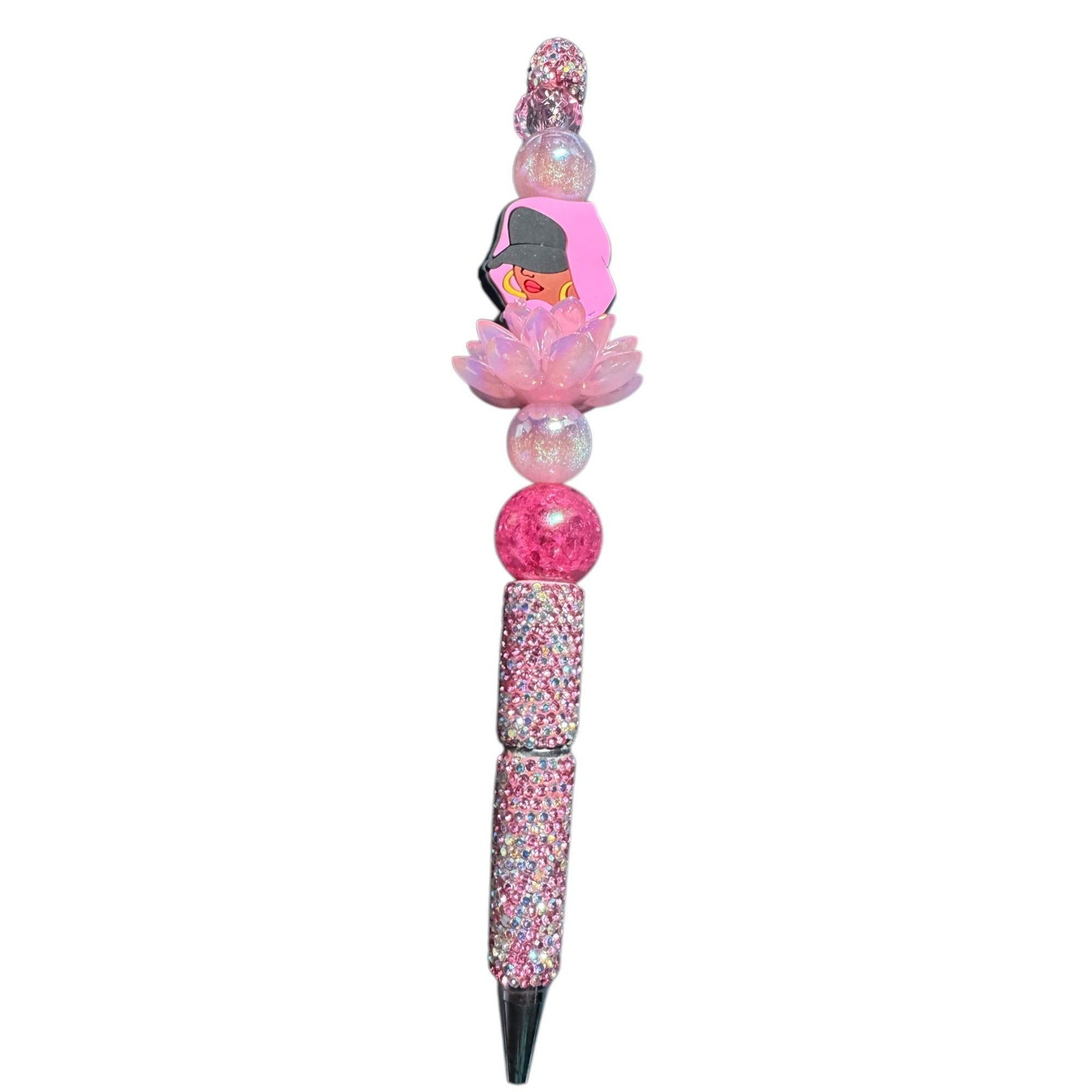 Beaded Bling Ballpoint Pen With Pink Lotus Charm & Stylish Character Design