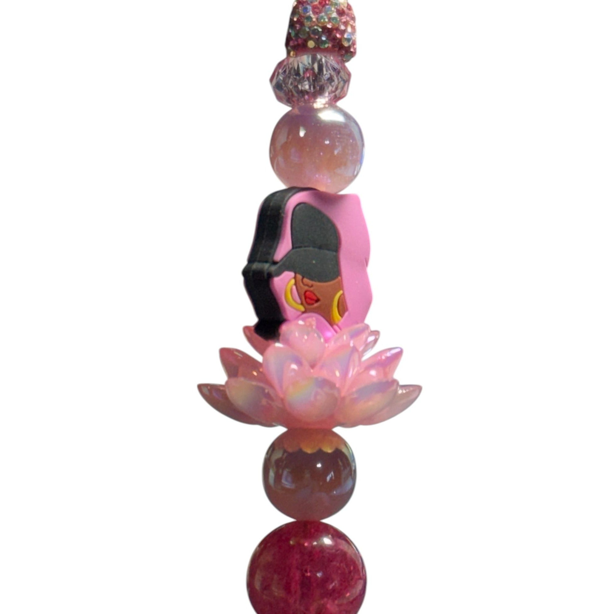 Beaded Bling Ballpoint Pen With Pink Lotus Charm & Stylish Character Design