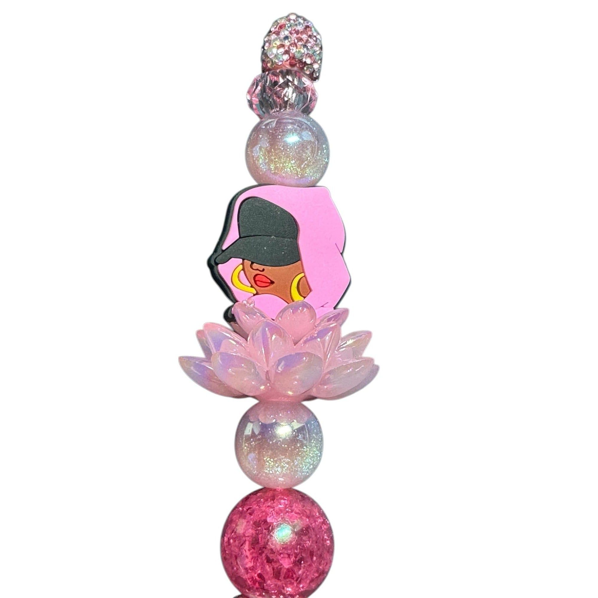 Beaded Bling Ballpoint Pen With Pink Lotus Charm & Stylish Character Design