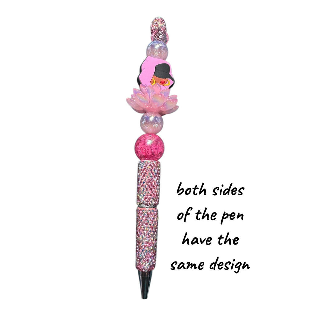 Beaded Bling Ballpoint Pen With Pink Lotus Charm & Stylish Character Design