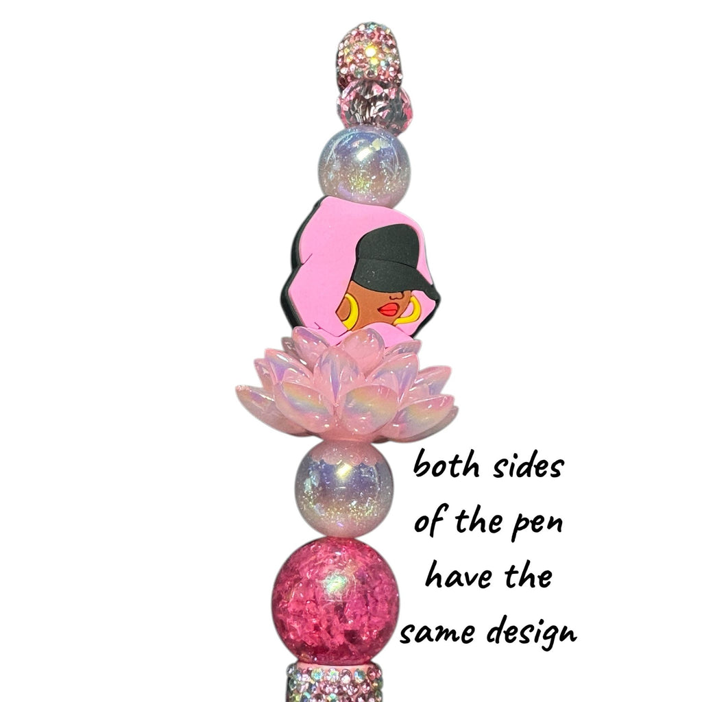 Beaded Bling Ballpoint Pen With Pink Lotus Charm & Stylish Character Design