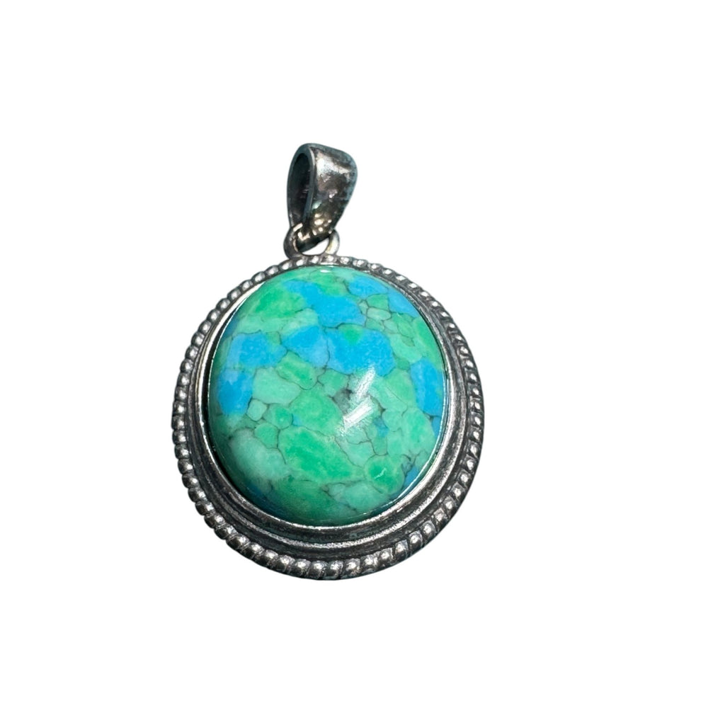 Sterling Silver 925 Turquoise Mosaic Pendant Round Beaded Frame Blue Green Stone Boho Jewelry