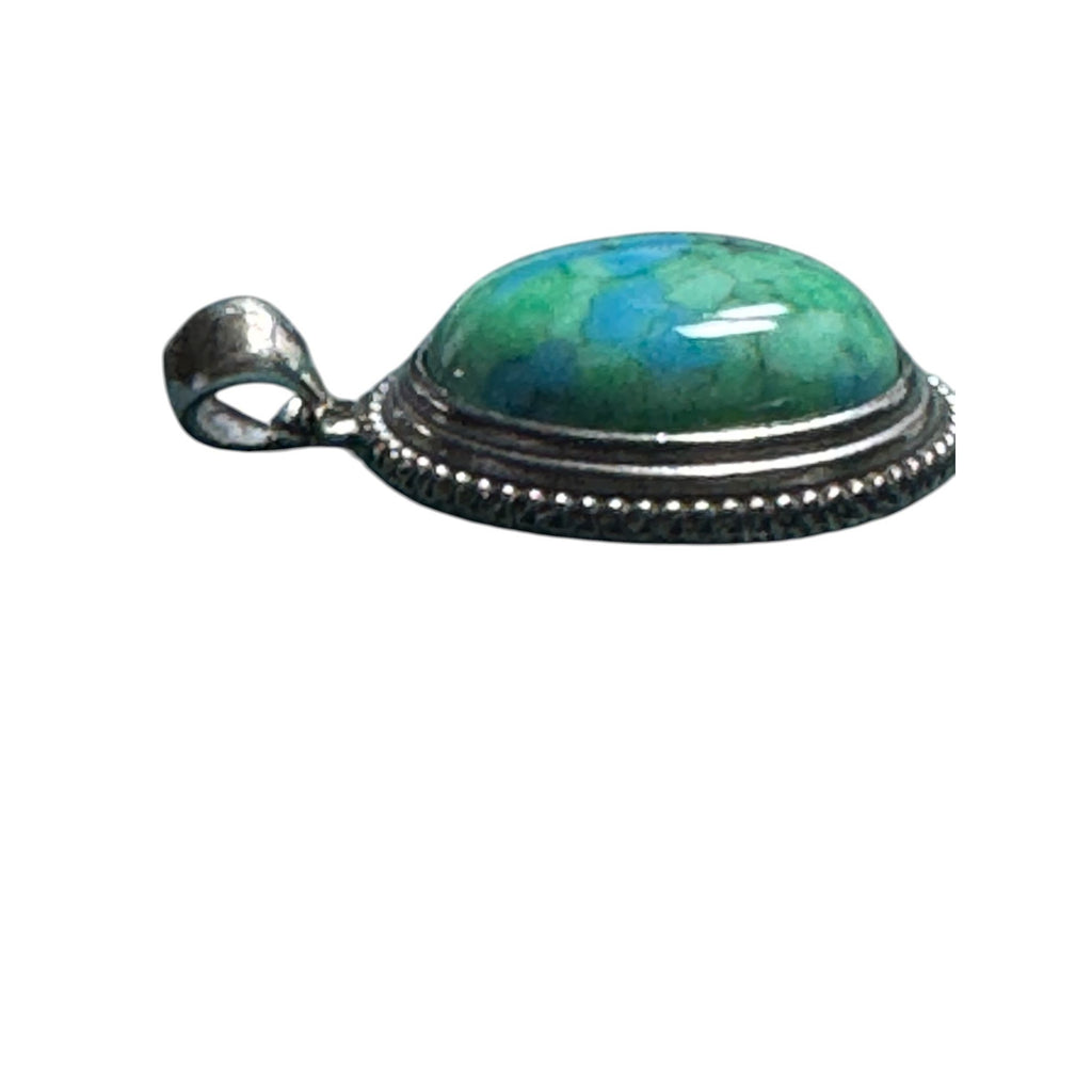 Sterling Silver 925 Turquoise Mosaic Pendant Round Beaded Frame Blue Green Stone Boho Jewelry