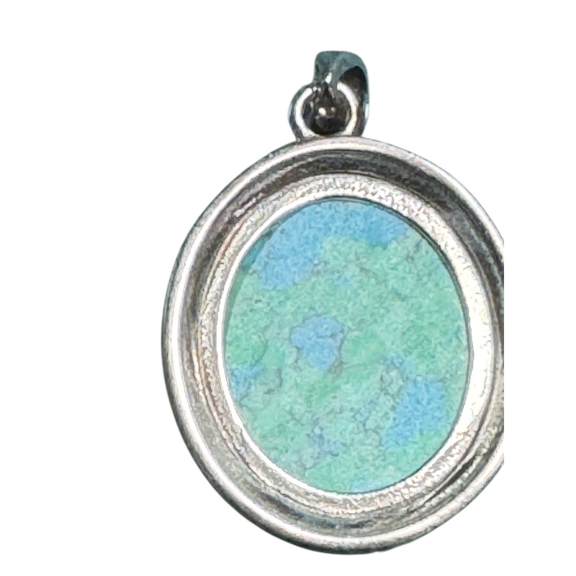 Sterling Silver 925 Turquoise Mosaic Pendant Round Beaded Frame Blue Green Stone Boho Jewelry
