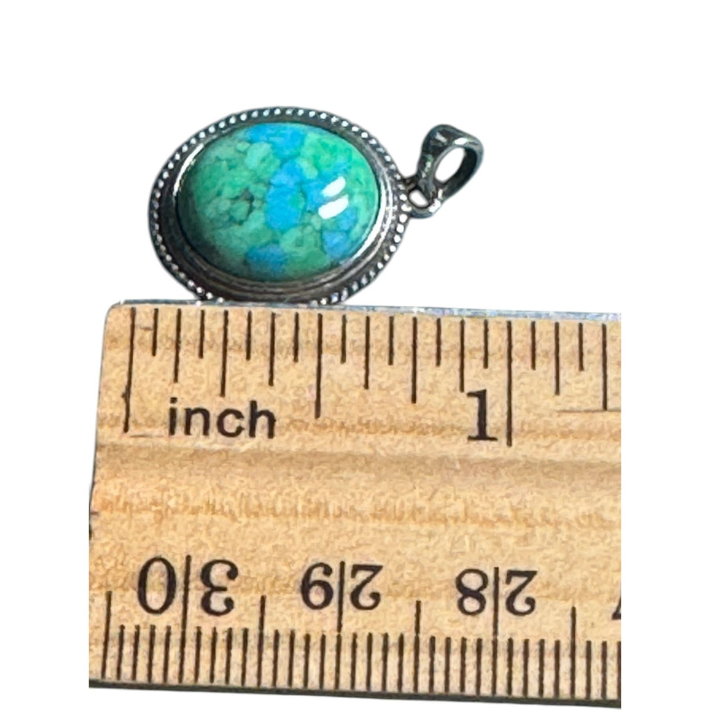 Sterling Silver 925 Turquoise Mosaic Pendant Round Beaded Frame Blue Green Stone Boho Jewelry