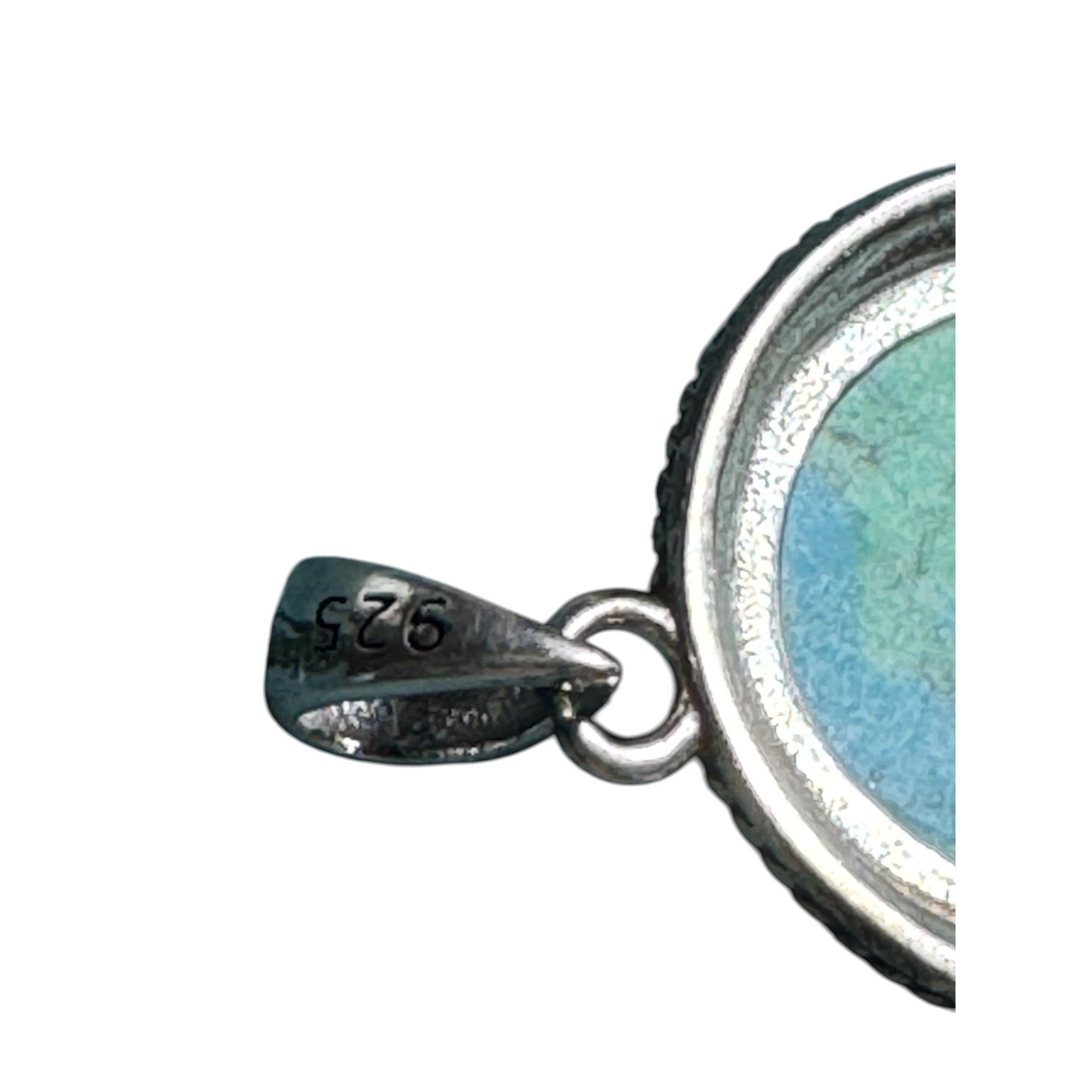 Sterling Silver 925 Turquoise Mosaic Pendant Round Beaded Frame Blue Green Stone Boho Jewelry