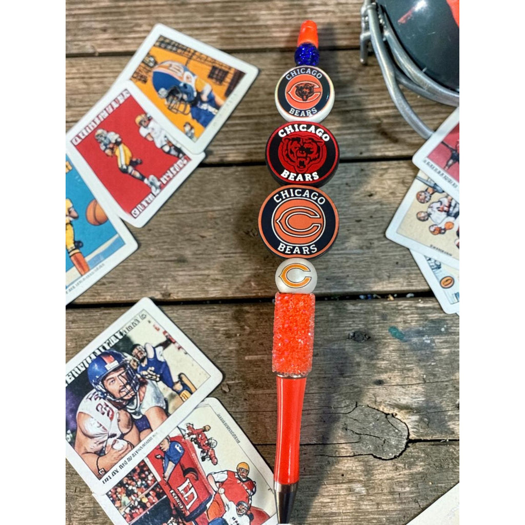 Chicago Bears Themed Decorative Pen with Team Logos & Orange Beads