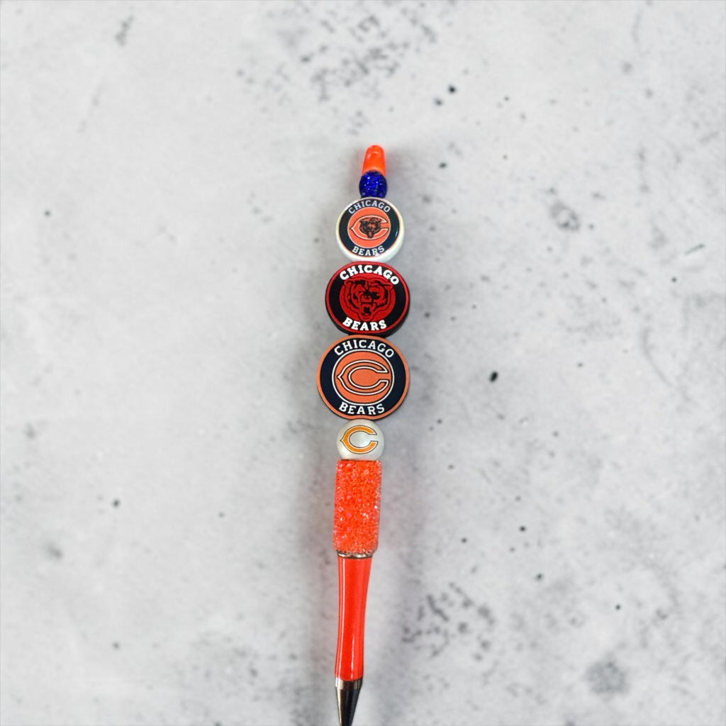 Chicago Bears Themed Decorative Pen with Team Logos & Orange Beads