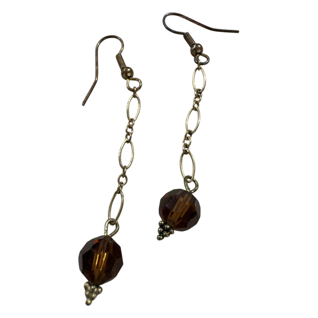 Brown Beaded Dangle Earrings With Gold-Tone Chain & Hooks