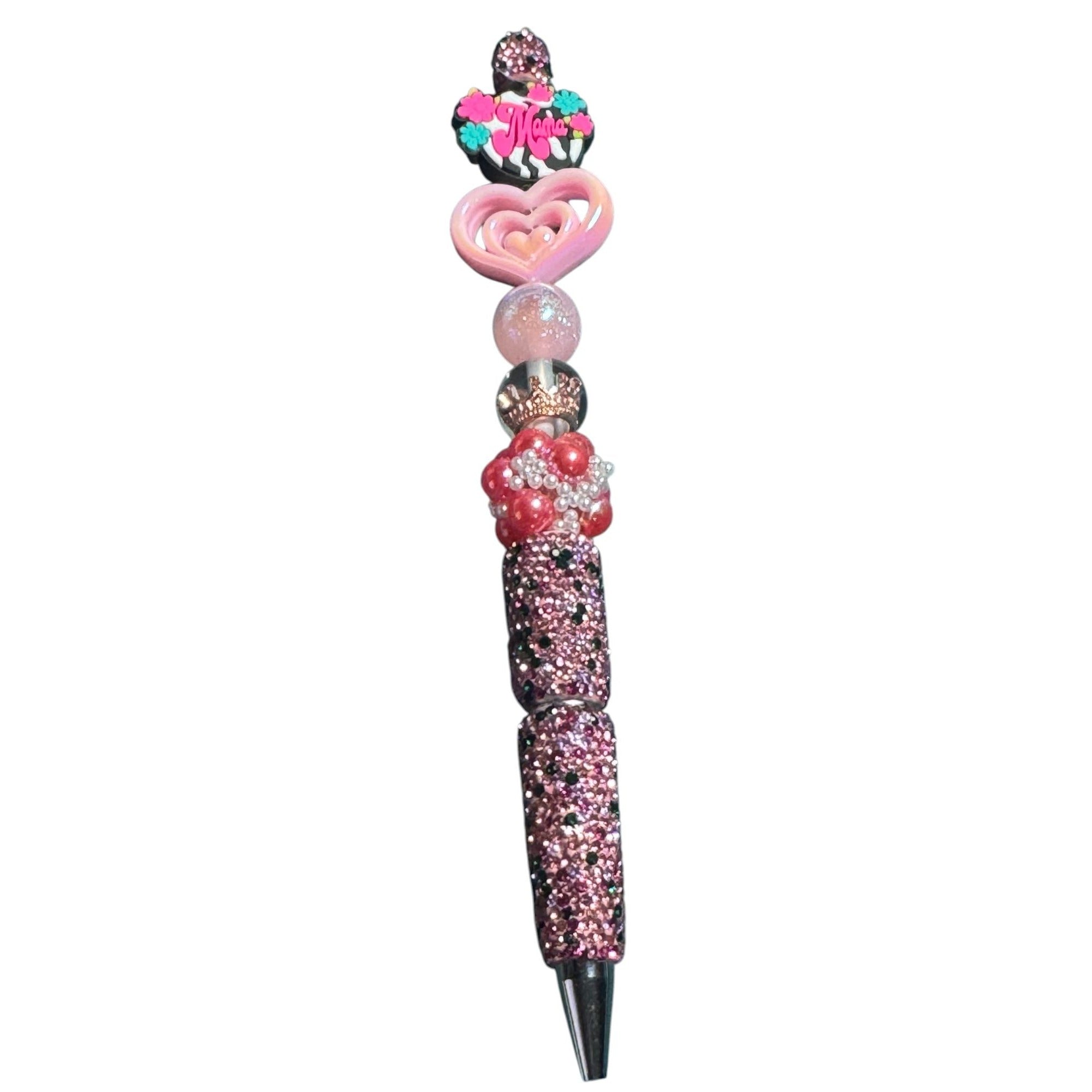 Beaded "Mama" Pink Pen With Heart & Crown Accents – Handmade Gift Idea