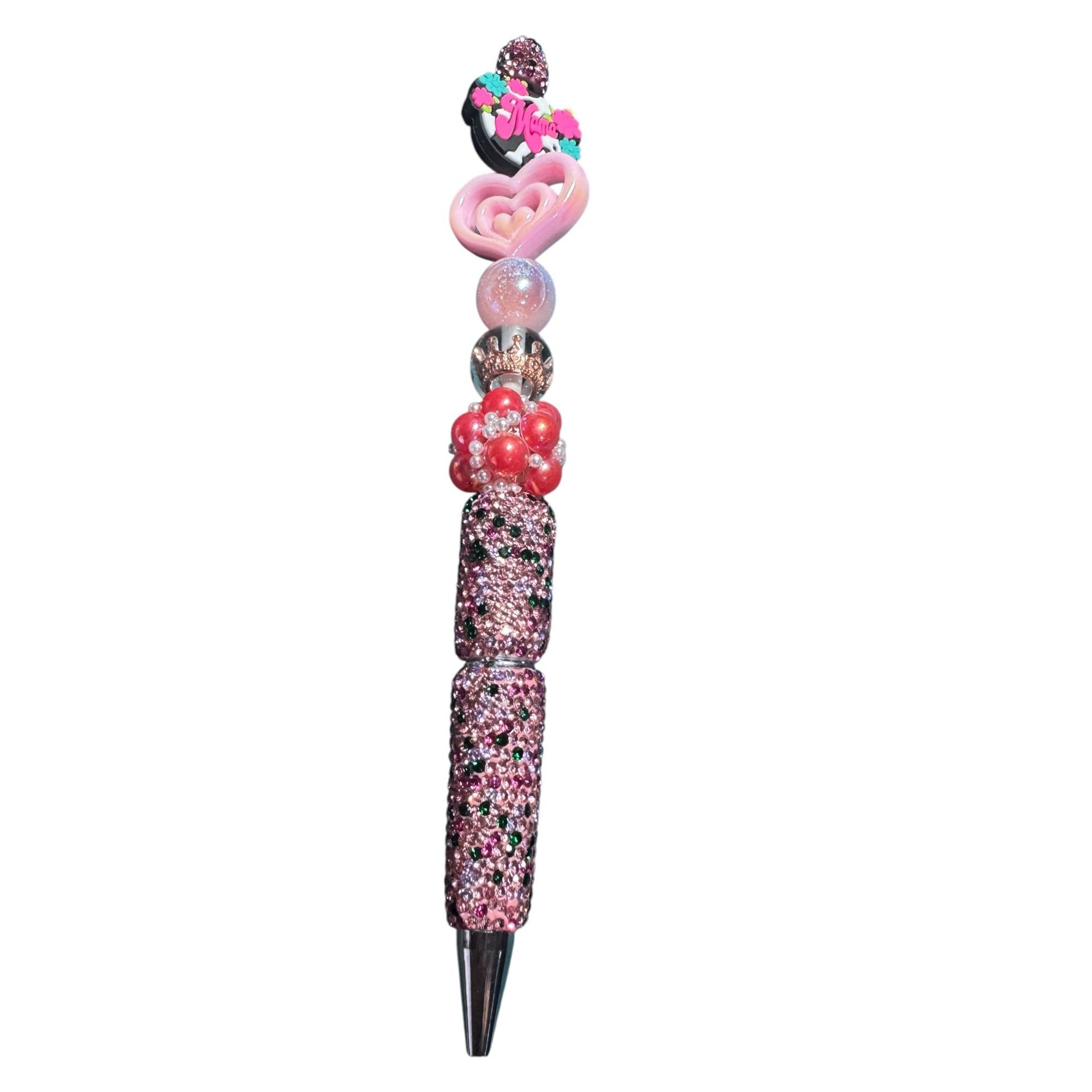 Beaded "Mama" Pink Pen With Heart & Crown Accents – Handmade Gift Idea