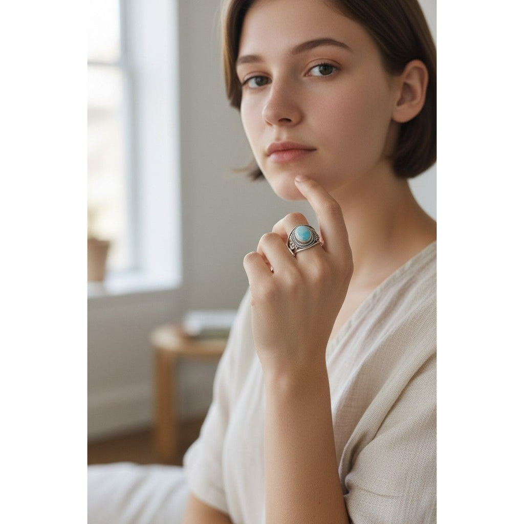 Sterling Silver Oval Larimar Statement Ring With Intricate Detailing