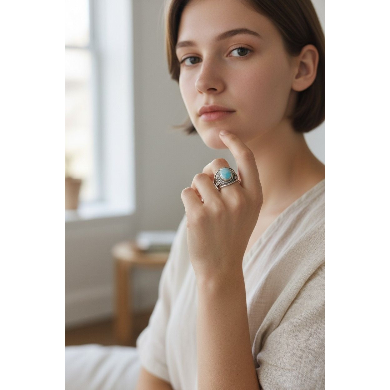 Sterling Silver Oval Larimar Statement Ring With Intricate Detailing