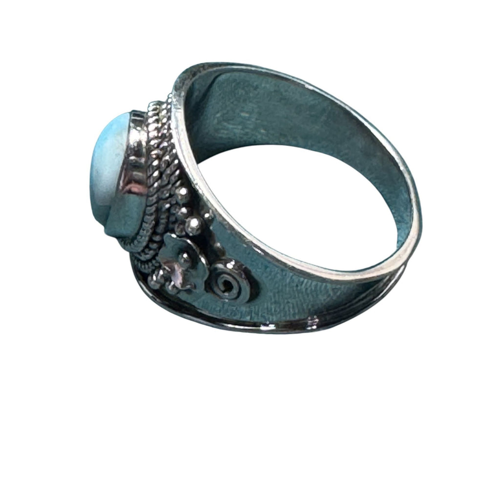 Sterling Silver Oval Larimar Statement Ring With Intricate Detailing