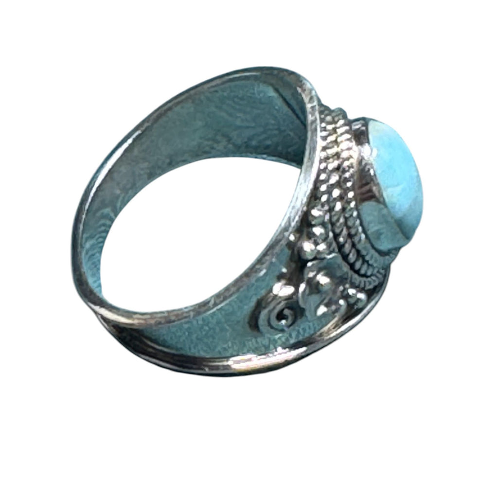Sterling Silver Oval Larimar Statement Ring With Intricate Detailing