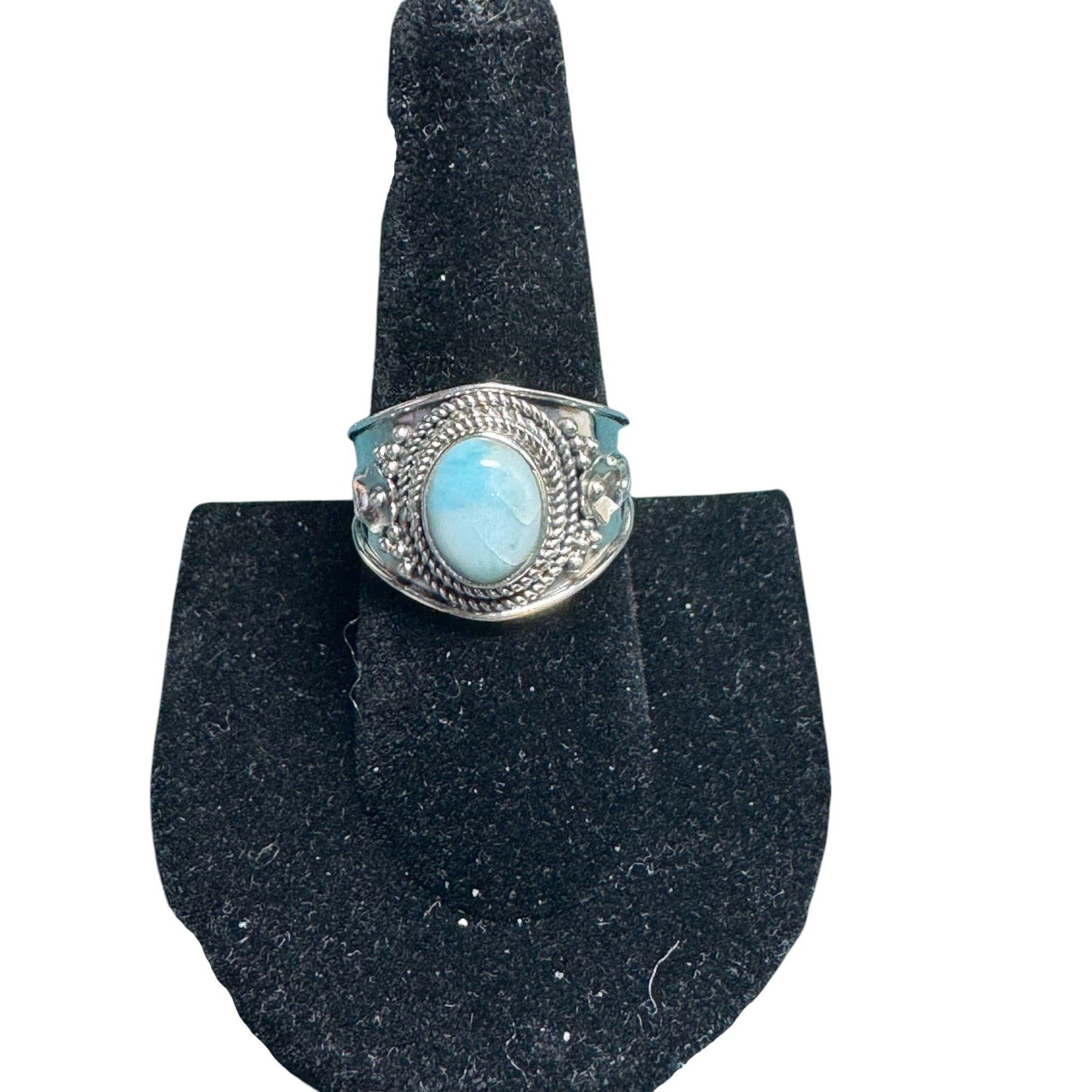 Sterling Silver Oval Larimar Statement Ring With Intricate Detailing
