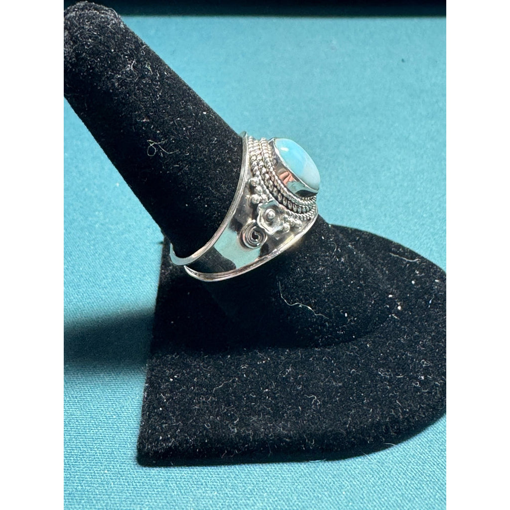 Sterling Silver Oval Larimar Statement Ring With Intricate Detailing