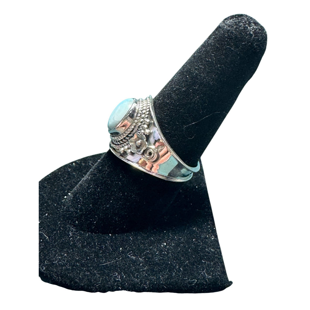 Sterling Silver Oval Larimar Statement Ring With Intricate Detailing