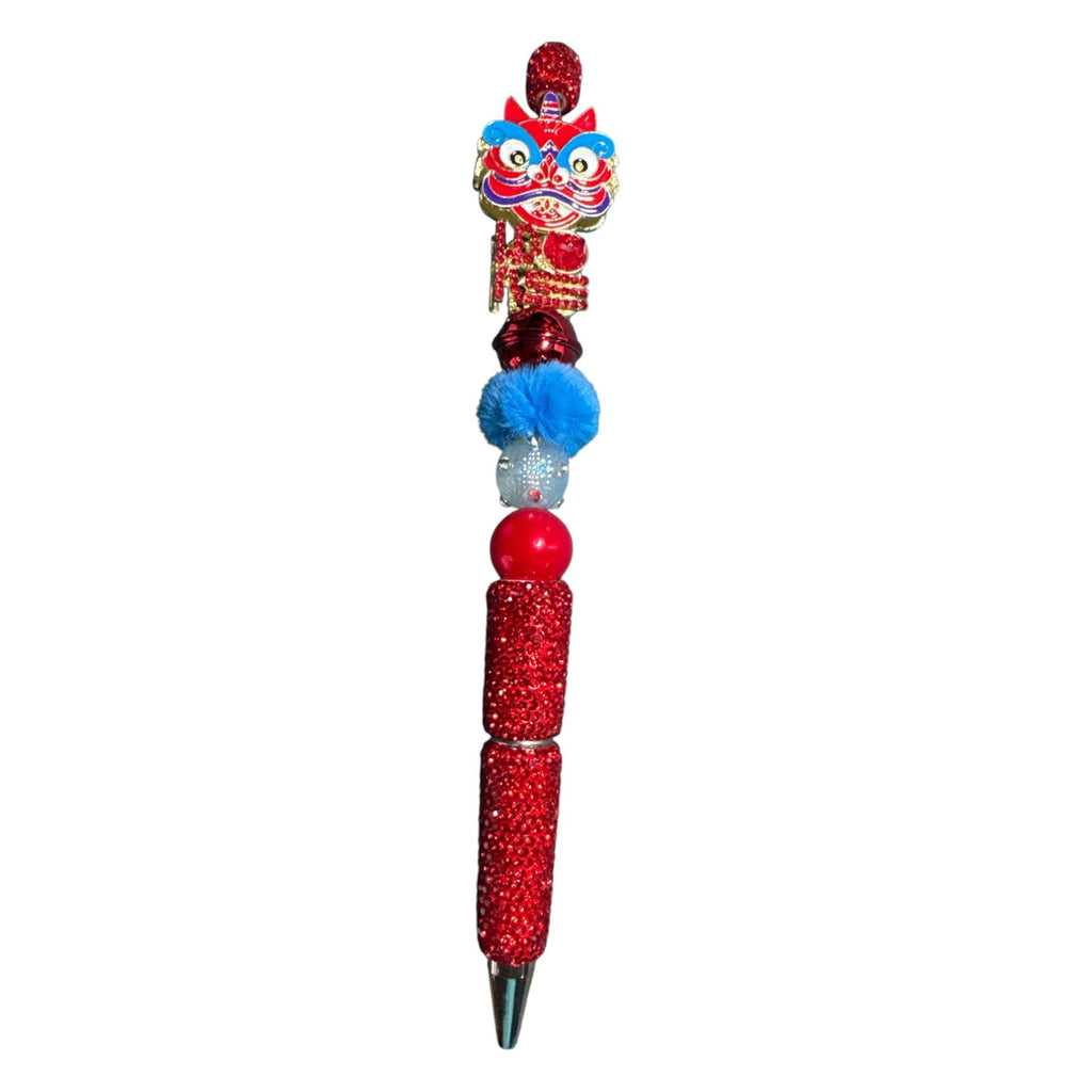Lion Dance Ballpoint Pen With Rhinestones & Decorative Beads Red & Blue Writing Tool For Festive Occasions