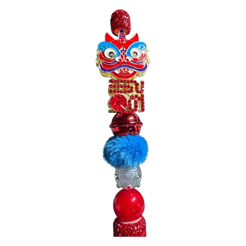Lion Dance Ballpoint Pen With Rhinestones & Decorative Beads Red & Blue Writing Tool For Festive Occasions