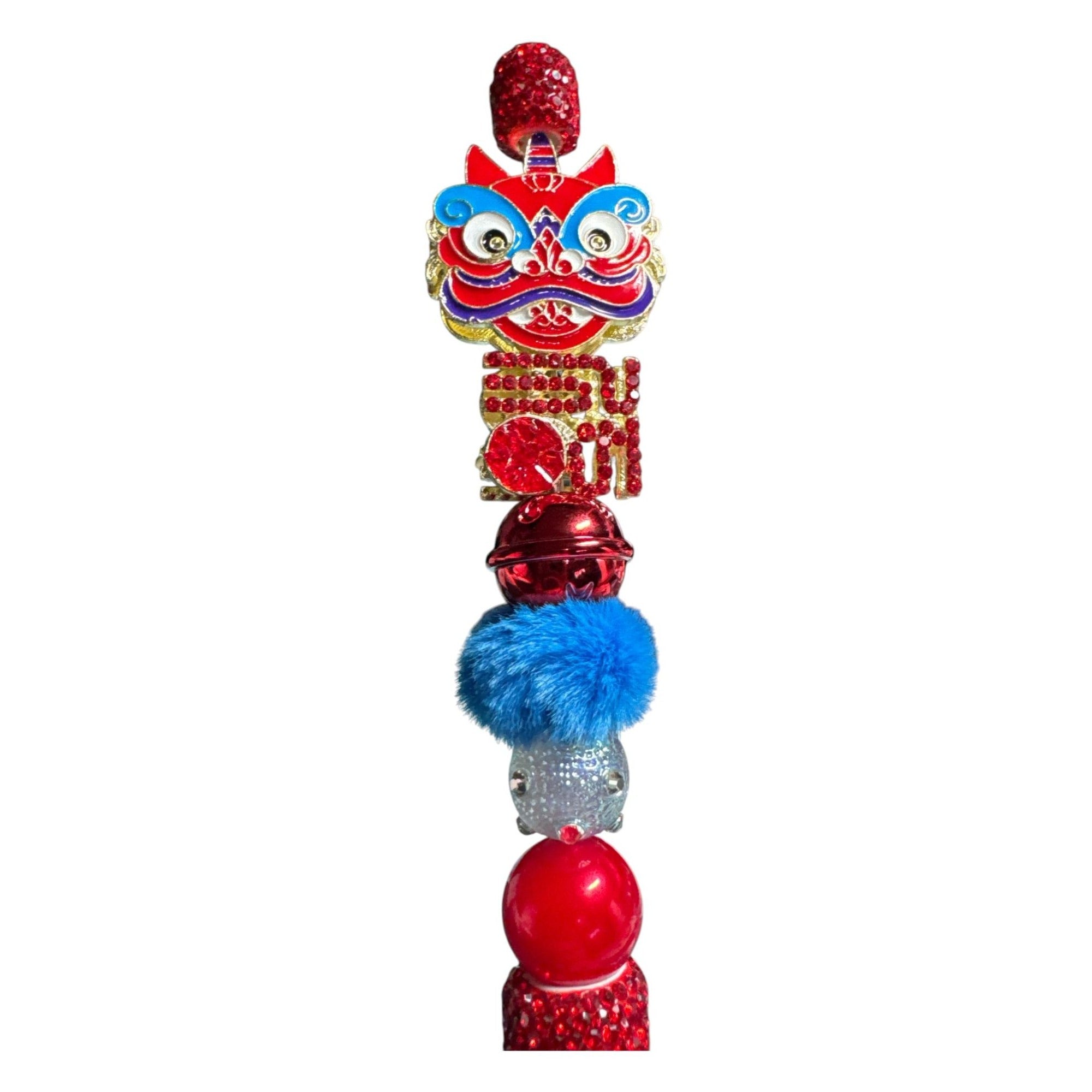 Lion Dance Ballpoint Pen With Rhinestones & Decorative Beads Red & Blue Writing Tool For Festive Occasions