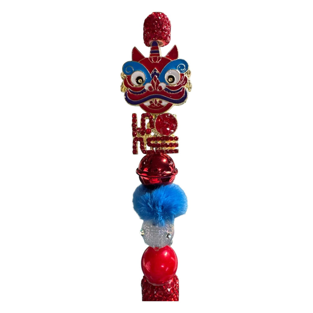 Lion Dance Ballpoint Pen With Rhinestones & Decorative Beads Red & Blue Writing Tool For Festive Occasions