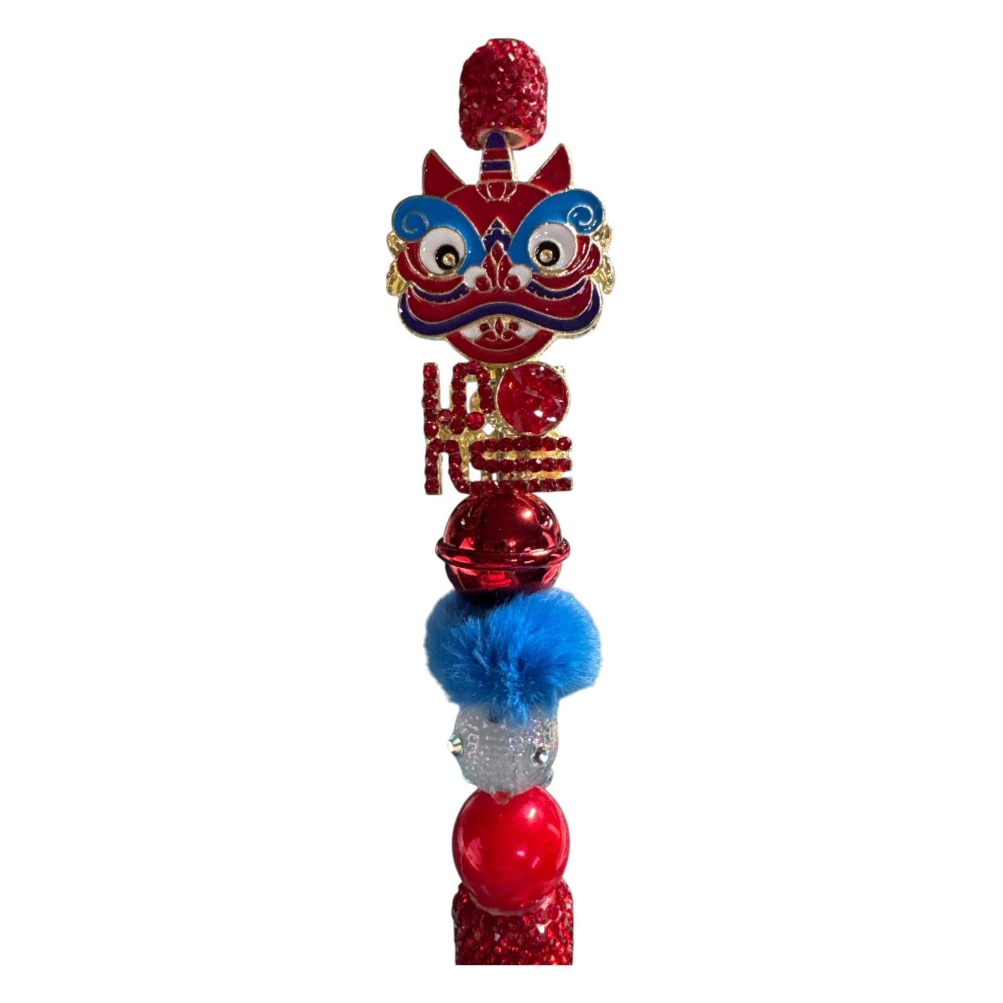 Lion Dance Ballpoint Pen With Rhinestones & Decorative Beads Red & Blue Writing Tool For Festive Occasions
