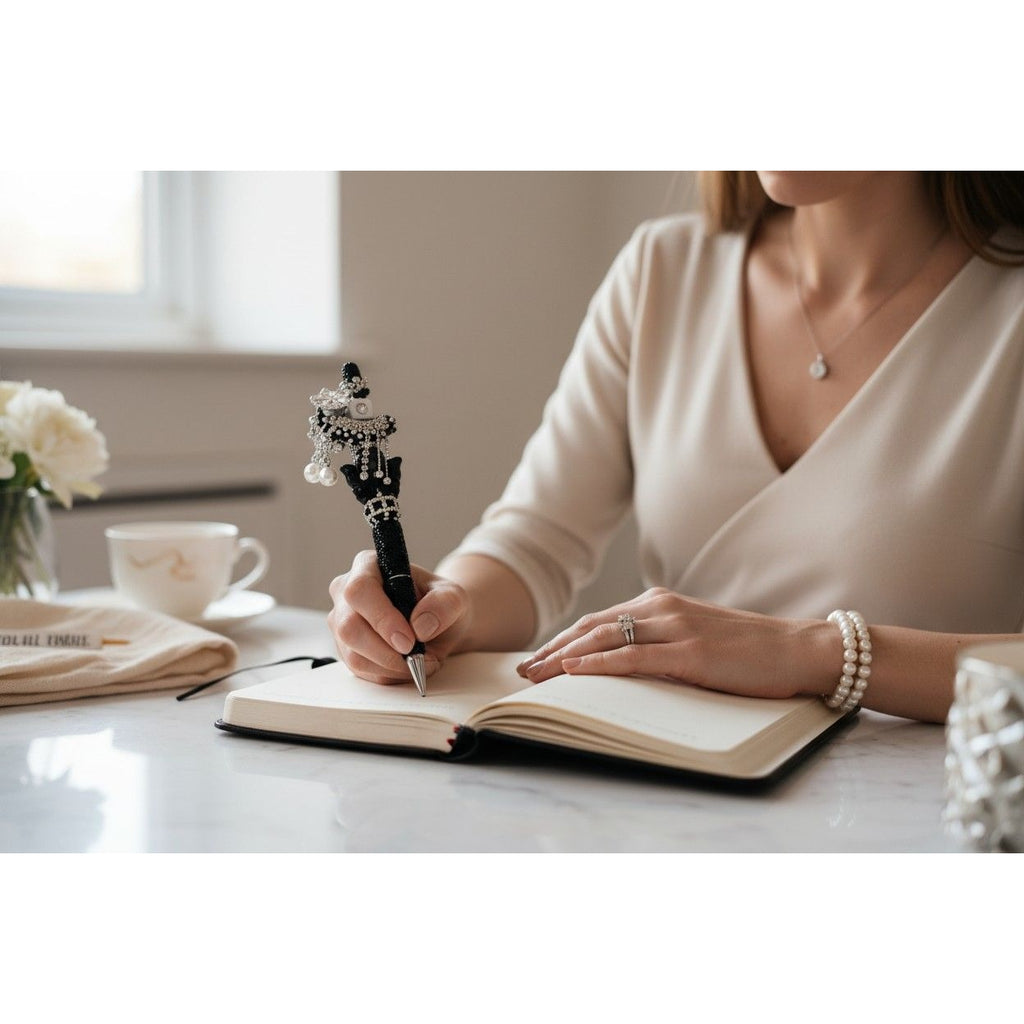 Luxury Crystal Butterfly & Pearl Embellished Black Ballpoint Pen For Elegant Writing & Gifting